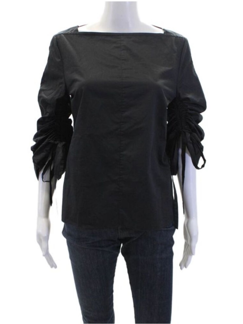 Tibi Womens Cotton Square Neck Tie Ruched Long Sleeve Blouse Top Black